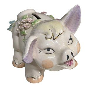 VTG 1950s Lefton Armart Japan Pink Piggy Bank 3D‎ Flowers Gold Spaghetti Leaves